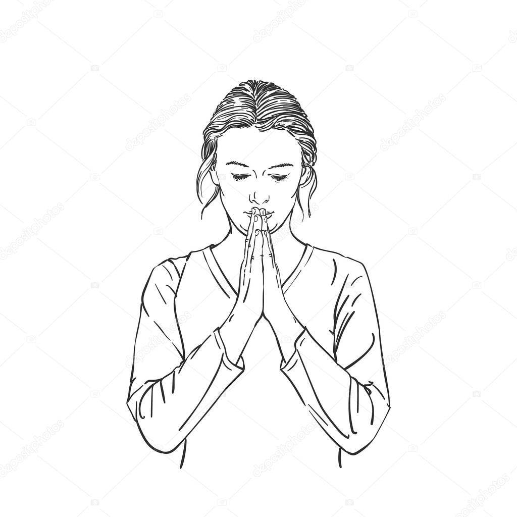 Sketch of woman praying with hands folded in worship, eyes closed in hope, Hand drawn vector illustration