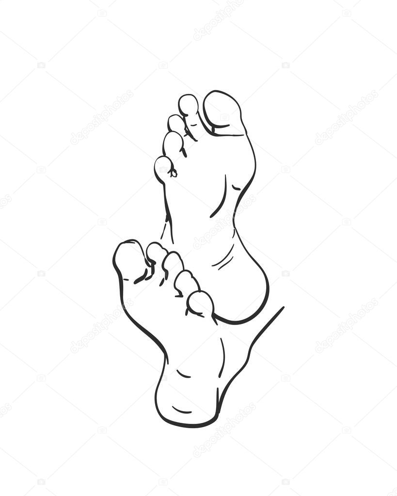 Sketch of man's bare feet soles, Hand drawn vector linear illustration