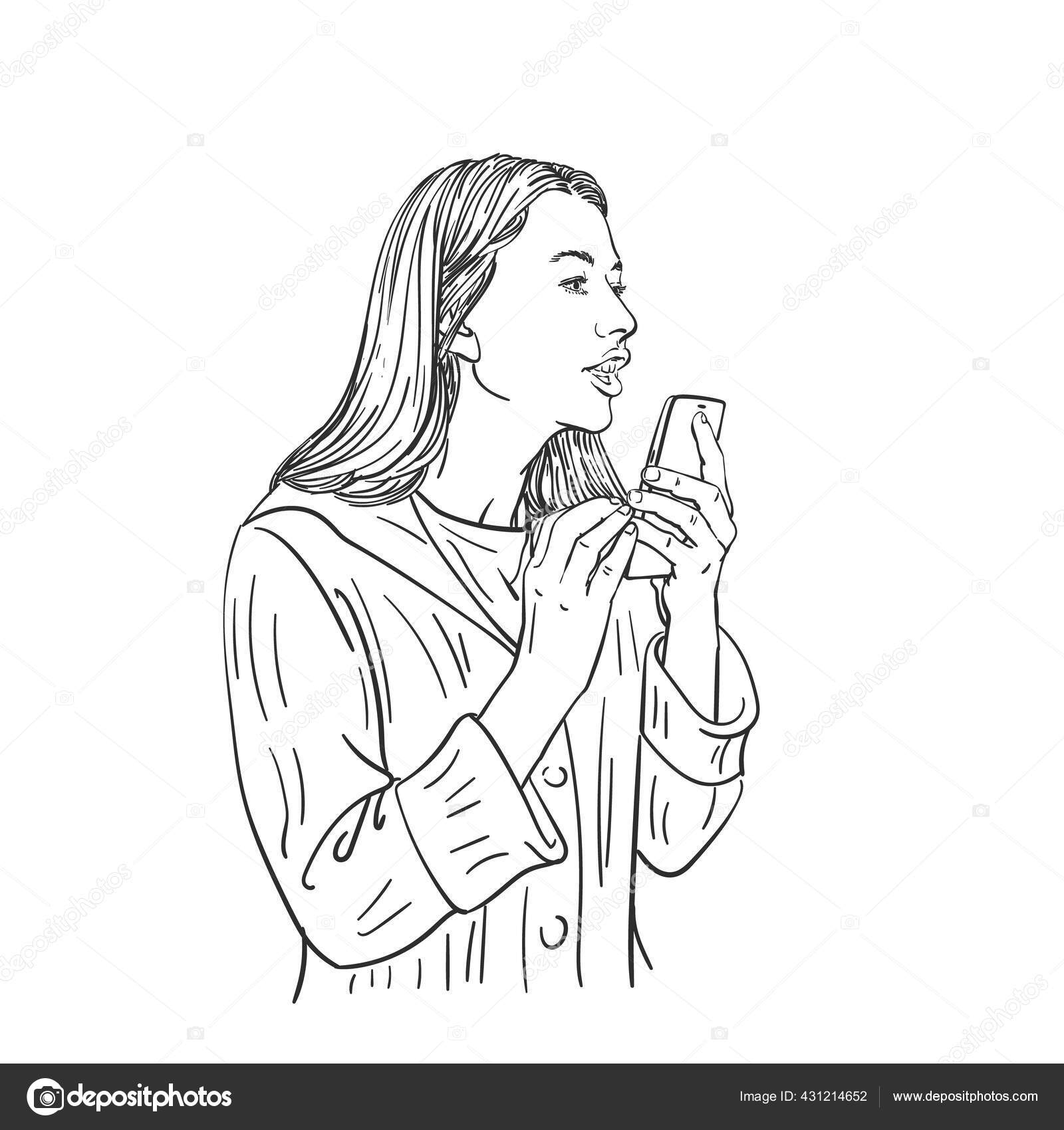 Sketsa Wanita Cantik Dengan Rambut Panjang Berbicara Smartphone Tangan Gambar Stok Vektor C Olgatropinina 431214652