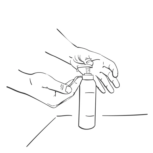 抗菌洗浄石鹸のボトルを使用して コロナウイルス発生のきれいな衛生上の予防のために手に消毒剤アルコールゲルを置く 手描きリニアイラストベクトルスケッチ — ストックベクタ