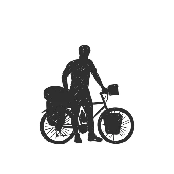 Bikepacking Traveling Long Distanse Cyclist Silhouette Standing Bicycle Hand Drawn — Stock Vector