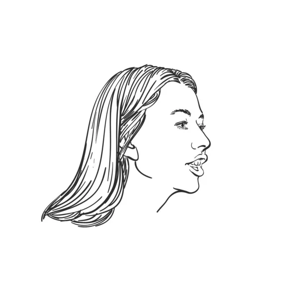 Портрет Женщины Длинными Волосами Разговаривающей Кем Ручная Иллюстрация Векторный Эскиз — стоковый вектор