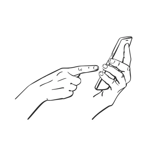 Esboço Mão Segurando Smartphone Dedo Apontando Ilustração Arte Linha Vetorial — Vetor de Stock