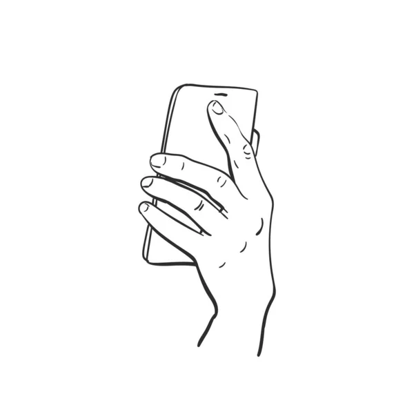 Vektorskizze Von Hand Haltenden Smartphones Von Hand Gezeichnete Lineare Illustration — Stockvektor