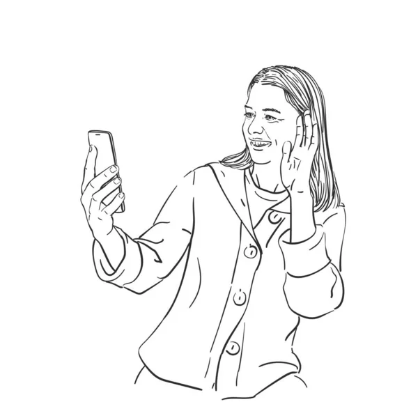 Bosquejo Mujer Feliz Hablando Videollamada Teléfono Inteligente Saludando Con Mano — Archivo Imágenes Vectoriales