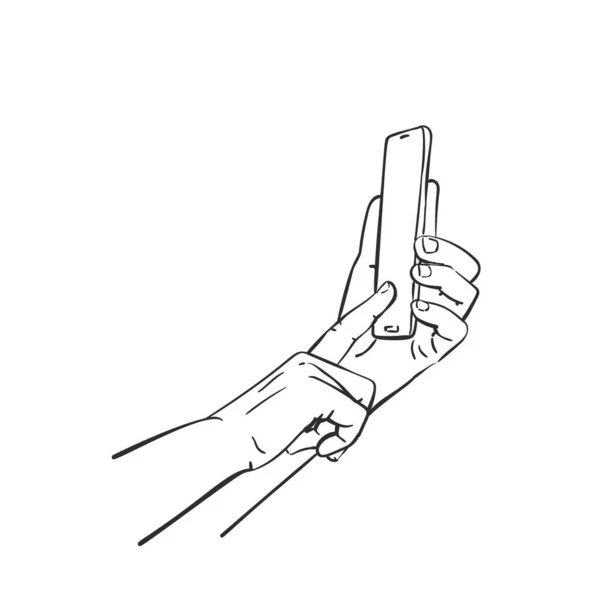スマホと指のタッチスクリーンを持つ手描きベクトル線画白地に孤立したイラスト — ストックベクタ
