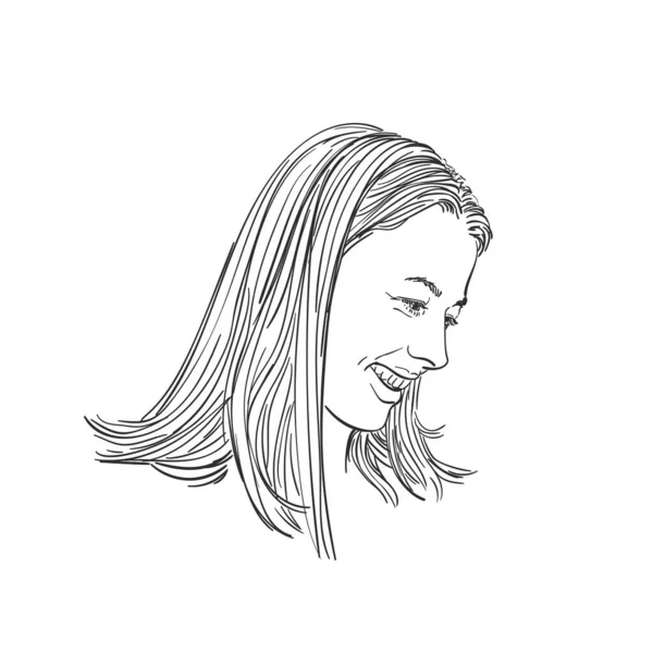 Портрет Счастливой Женщины Длинными Волосами Смотрящей Боком Вниз Ручной Рисунок — стоковый вектор