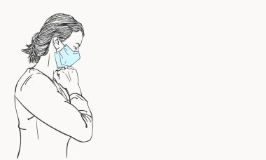 Tıbbi yüz maskesi takmış, elleri bağlı dua eden, gözleri kapalı, koronavirüs salgını sorunu olan, el çizimi illüstrasyon pankartı olan bir kadın resmi.