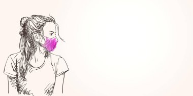 Mor koruyucu yüz maskesi takmış genç kız portresi, Coronavirus 'un yeni normalini karantinaya alması. Uzun saç, düşünceli bir şekilde yana bakıyor, vektör el çizimi, Banner şablonu.