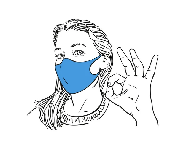 Mujer Con Máscara Facial Médica Mostrando Gesto Okay Ilustración Arte — Vector de stock