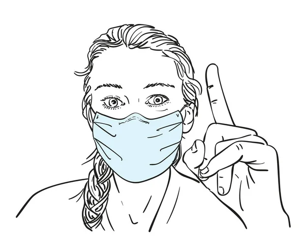 Tıbbi Yüz Maskesi Takan Işaret Eden Bir Kadın Çizimi Kadın — Stok Vektör
