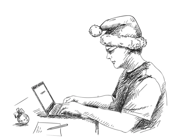 Tekening Van Mens Kerst Hoed Werken Met Laptop Computer Het — Stockvector