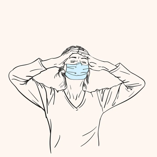 Croquis Jeune Femme Dans Masque Facial Médical Mal Tête Tenant — Image vectorielle