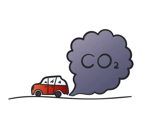排気ガスを吹いている漫画の赤い車 自動車から空気へのカラードアのCo2煙雲 汚染の環境概念 手描きイラスト白背景に隔離されたイラスト ベクトルクリップパート — ストックベクタ