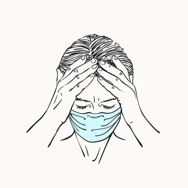 Skizze Eines Jungen Frauenporträts Mit Medizinischer Gesichtsmaske Hat Kopfschmerzen Beim — Stockvektor