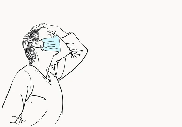 医療面マスクの女性のスケッチは 彼女の頭を閉じて目に手を握って頭痛を持っています コロナウイルスパンデミックうつ病の問題の苦しみ 手描きベクトルイラスト孤立 — ストックベクタ