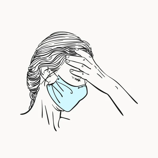 Sketch Young Woman Portrait Medical Face Mask Has Headache Holding — Stock Vector