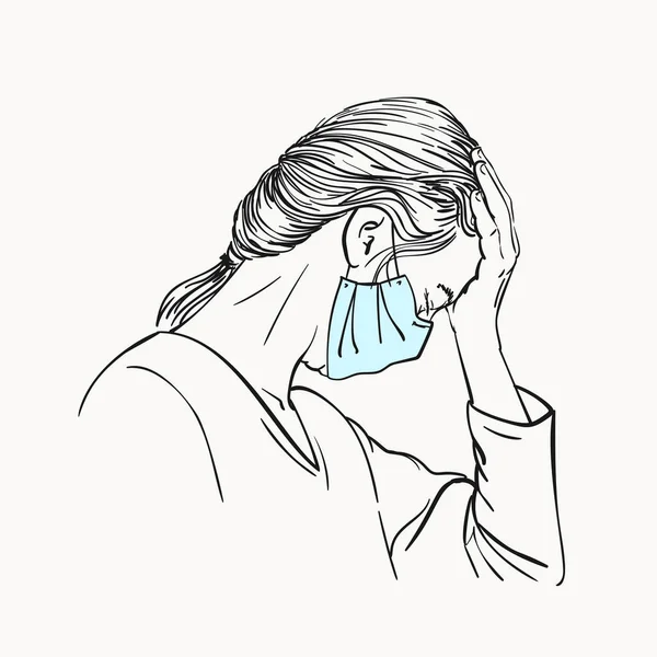 医学顔のマスクの若い女性の肖像画のスケッチは 頭痛の種が手に額を置く コロナウイルスパンデミックうつ病の問題の苦しみ 手描きベクトル線イラスト孤立 — ストックベクタ
