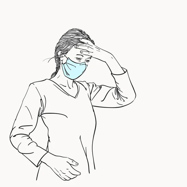 Bosquejo Mujer Máscara Cara Médica Tiene Dolor Cabeza Cogida Mano — Vector de stock