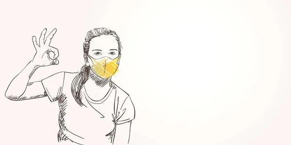 Schets Van Tienermeisje Portret Geel Beschermend Gezichtsmasker Met Gebaar Coronavirus — Stockvector