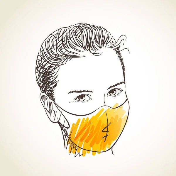 Schets Van Tienermeisje Portret Oranje Masker Voor Coronavirus Bescherming Rechtdoor — Stockvector