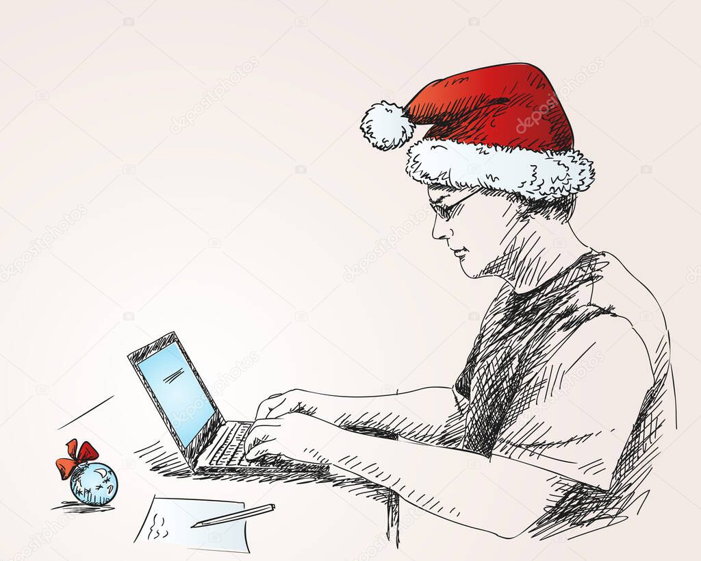 Sketch of man in christmas hat working with laptop computer at desk with christmas ball and note paper with pen, Hand drawn vector colored illustration, Work from home, freelance