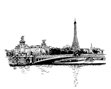 Paris şehir manzarası. Eyfel Kulesi, Alexandre Köprüsü III ve Seine Vector nehri çizimi, Paris 'in simgesi, el çizimi siyah beyaz