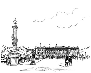 Paris şehir manzarası vektör çizimi, ünlü Place de la Concorde, Fransa 'nın başkenti, mimari çizimi siyah mürekkep