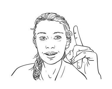 Parmakla işaret eden, düz ve gülümseyen vektör skecine bakan genç bir kadının parlak bir fikri var.