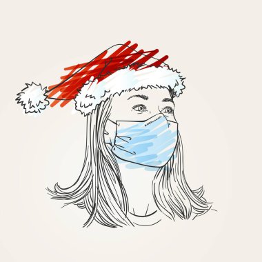 Coronavirus illüstrasyonunda Noel. Tıbbi yüz maskesi takan kadın portresi ve Noel Baba şapkası, yana bakan, el çizimi vektör çizimi, yeni normal.