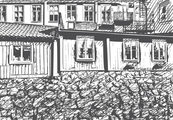 石基矢量绘图 建筑细节草图背景 手工绘制的灰色油墨上有许多窗户的旧木制房屋墙 — 图库矢量图片
