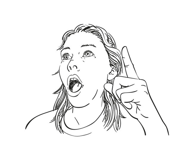Женщина эмоционально указывая пальцем вверх Векторный эскиз, молодая женщина имеет блестящую идею или чувство удивительно страшно, нарисованные вручную портрет иллюстрации черно-белой графики