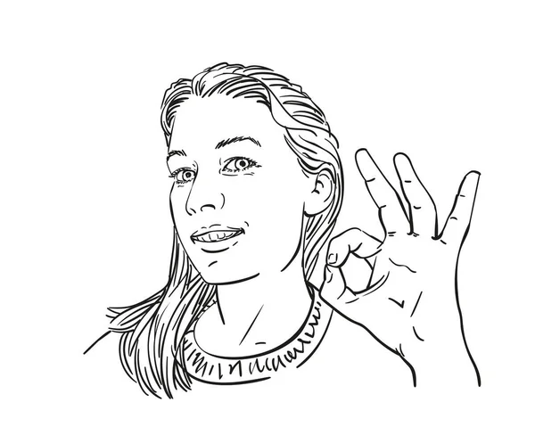 Happy Woman Showing Sign Gesture Vector Sketch Hand Drawn Female — Stockový vektor