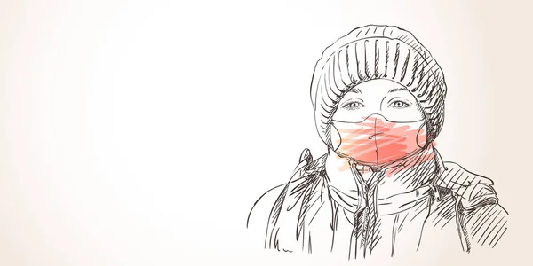Preteen Girl Face Mask Coronavirus Prevention Portrait Winter Clothers Hat — Διανυσματικό Αρχείο