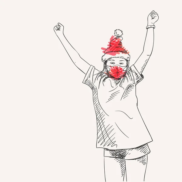 Рождество Коронавирусной Иллюстрации Танцующая Девочка Подросток Красной Маске Шляпе Санты — стоковый вектор