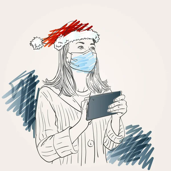 Boże Narodzenie Ilustracji Coronavirus Kobieta Nosząca Medyczną Maskę Twarz Czapkę — Wektor stockowy