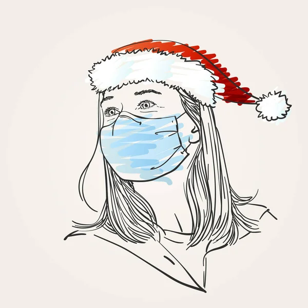 Natale Coronavirus Illustrazione Ritratto Donna Indossando Maschera Medica Cappello Babbo — Vettoriale Stock