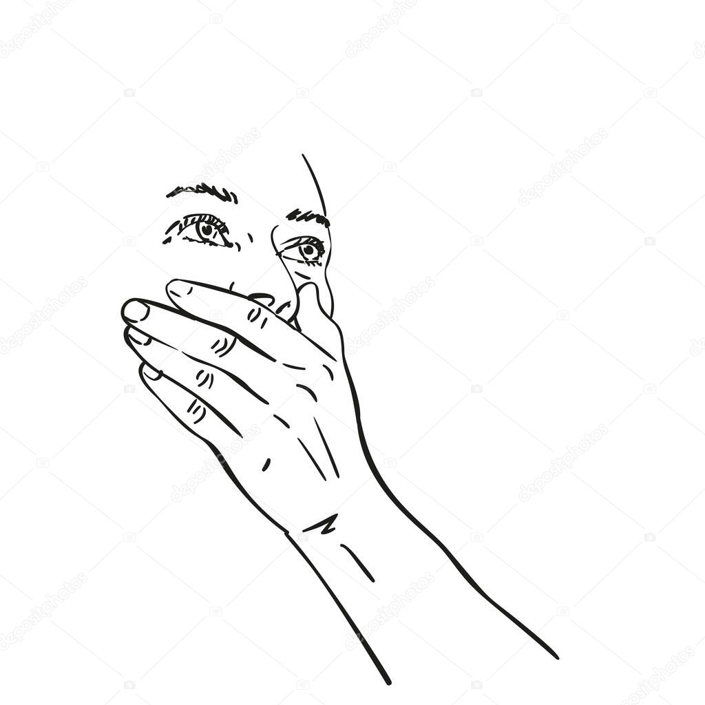 Young woman covered her mouth with hand and looking up on side Vector sketch, Hand drawn line art isolated female face emotion, Black and white drawing graphics illustration