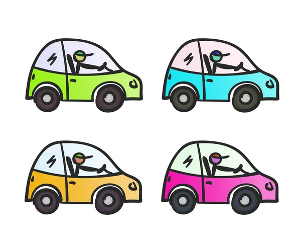 Cartoon Gele Auto Verschillende Kleuren Set Met Stok Figuur Bestuurder — Stockvector