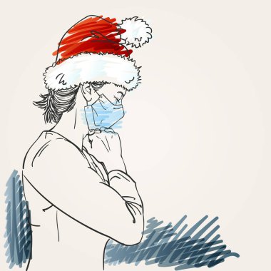 Christmas ve Coronavirus insanları yeni normaller. Tıbbi yüz maskesi takmış kadın resmi, Noel Baba şapkası takmış dua eden eller ibadet ederken, gözler kapalı, yan görüş. El çizimi vektör