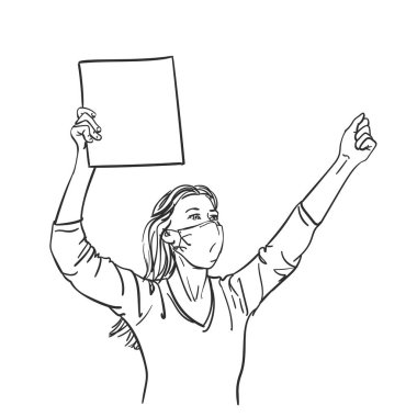 İtiraz ediyorum. Tıbbi maskeli kadın boş levha ve yumruk gösteriyor. Koronavirüs salgınında insan hakları. Vektör çizimi, El çizimi doğrusal çizim