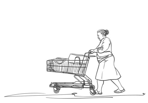 Femme Âgée Marchant Avec Chariot Supermarché Croquis Vectoriel Illustration Dessinée — Image vectorielle