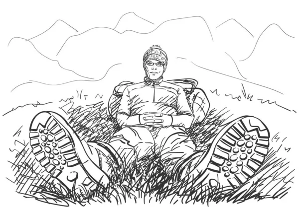 Dessin Perspective Randonneur Assis Sur Sol Les Jambes Dans Des — Image vectorielle