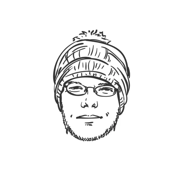 Cabeça Homem Sem Barba Chapéu Tricotado Com Bubo Óculos Ilustração —  Vetores de Stock