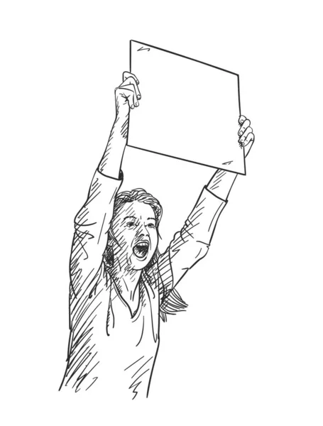 Woman Blank Sign Board Screaming Protest Vector Sketch Hand Drawn — Stock Vector