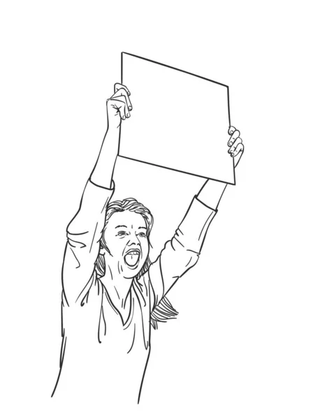 Žena Prázdnou Tabulí Křičí Během Protestu Vektorový Náčrt Ručně Kreslená — Stockový vektor