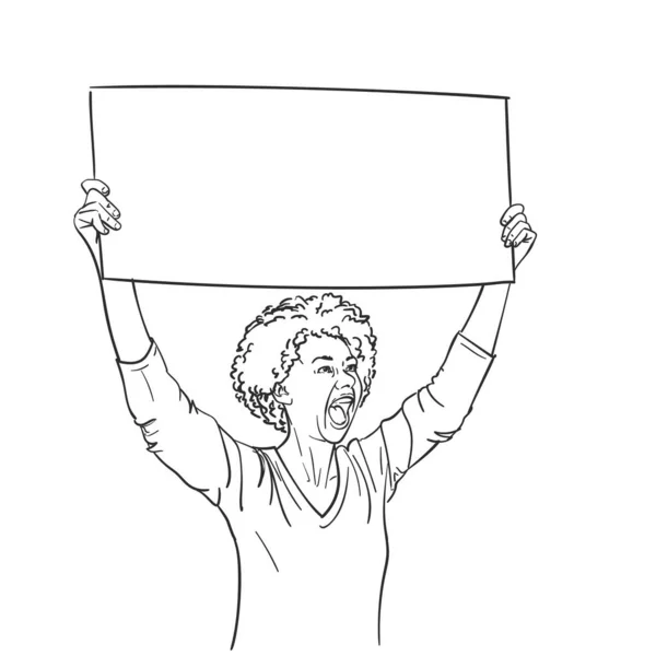 非洲裔美国妇女在抗议期间高喊着 矢量草图 手绘线形图解 — 图库矢量图片