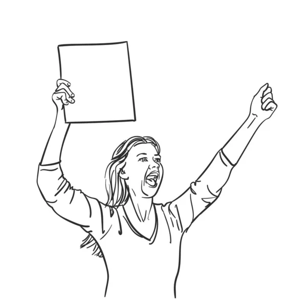 拿着空白标牌的女人在尖叫 挥动拳头 矢量草图 手绘线条画图 — 图库矢量图片