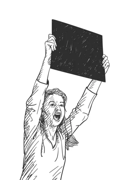 在抗议期间 拿着黑色方块横幅的女人在尖叫 矢量草图 手绘图解 — 图库矢量图片