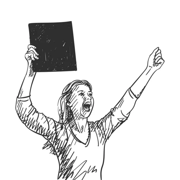 黒の四角形の旗を持つ女性が叫び 抗議中に拳を示す ベクトルスケッチ 手描きイラスト — ストックベクタ